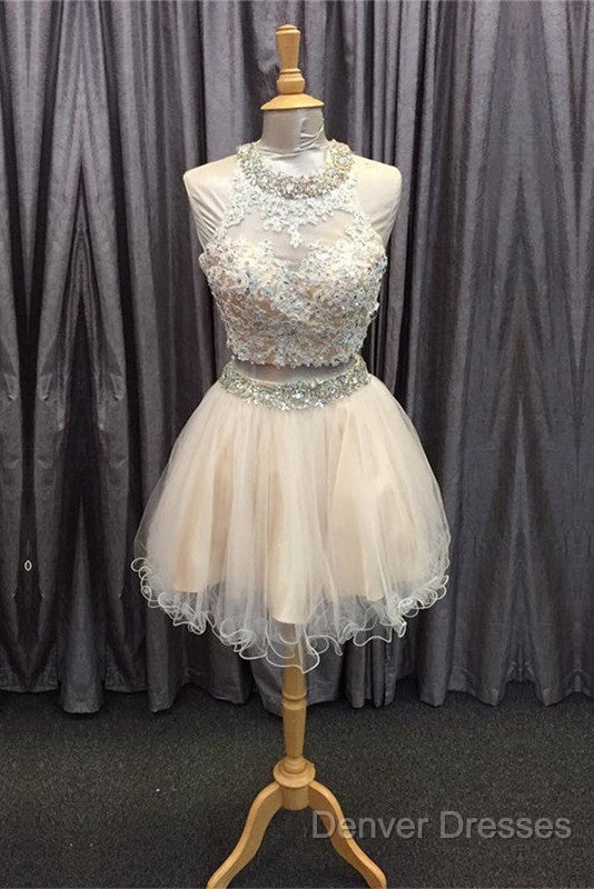 Light Champagne Tulle Lace Beading Homecoming Dress Two Piece Style