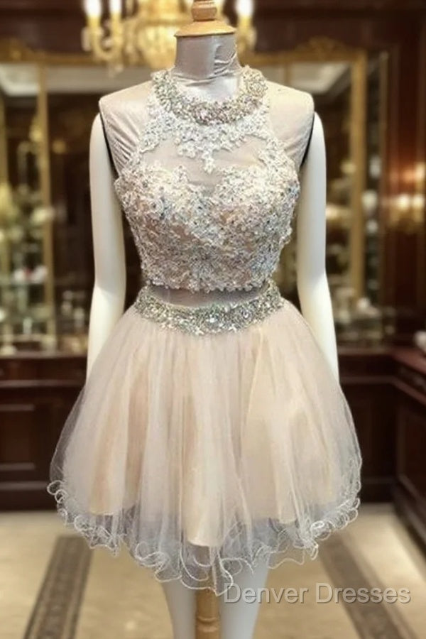 Light Champagne Tulle Lace Beading Homecoming Dress Two Piece Style Main image