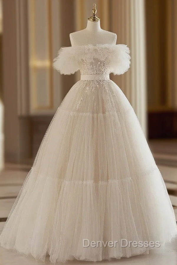 Light Champagne Tulle Lace Floor Length Prom Dress, Beautiful A-Line Evening Party Dress Main image