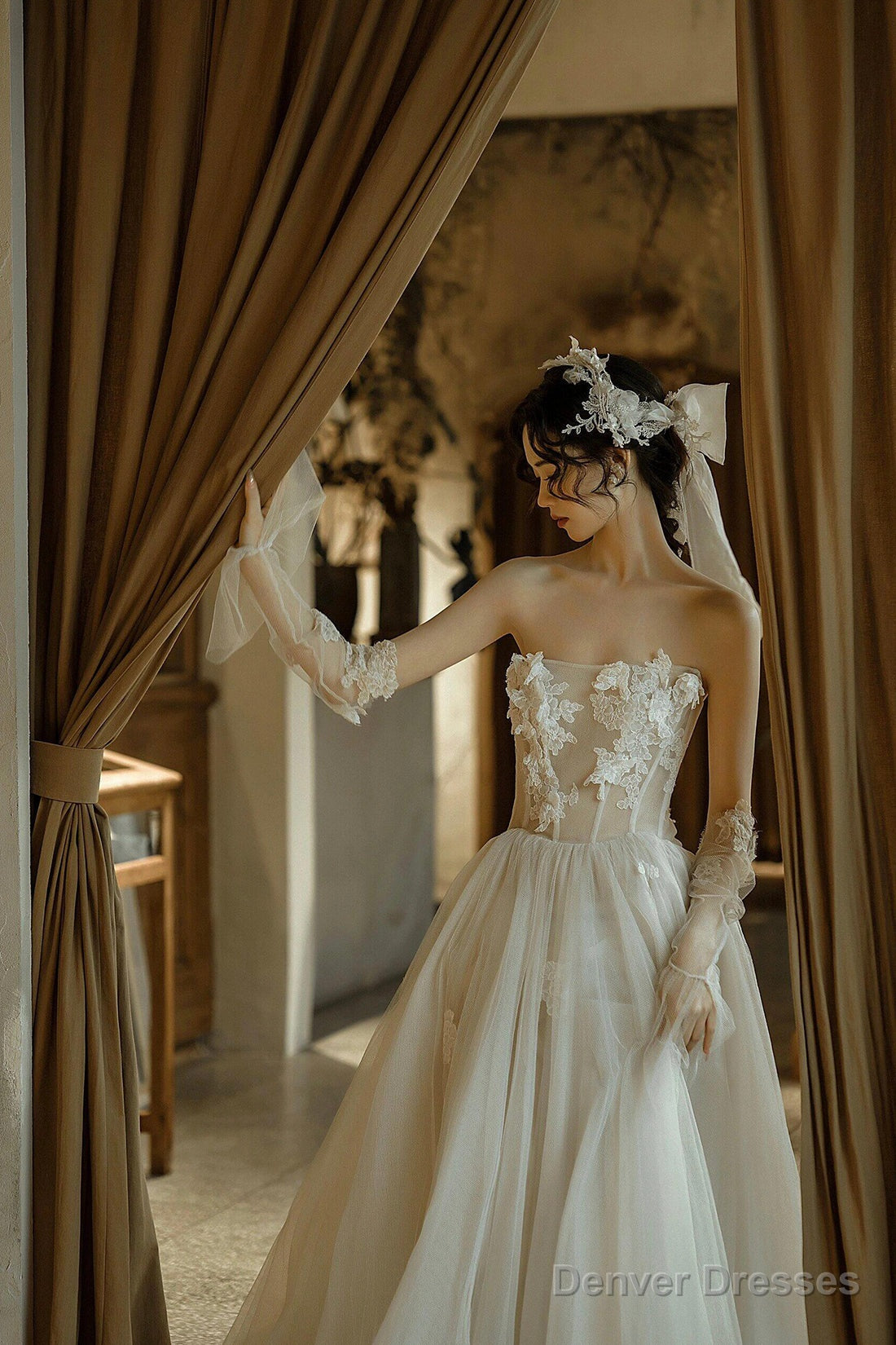 Light Champagne Tulle Lace Long Prom Dress, A-Line Strapless Evening Party Dress Secondary image