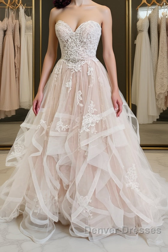 Light champagne tulle lace long prom Dress champagne evening Dress Main image