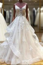 Light Champagne Tulle Lace Long Prom Dress Lace Long Wedding Dress
