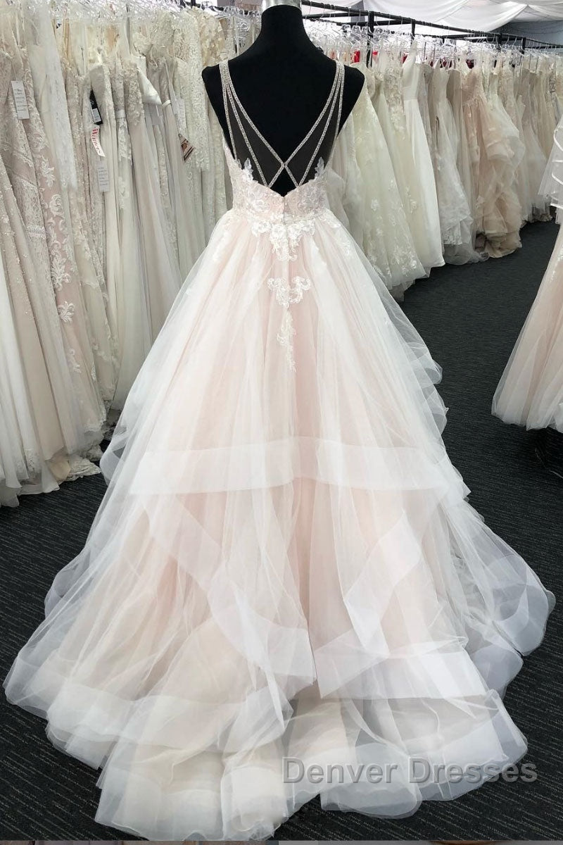 Light champagne tulle lace long prom Dress, tulle evening Dress