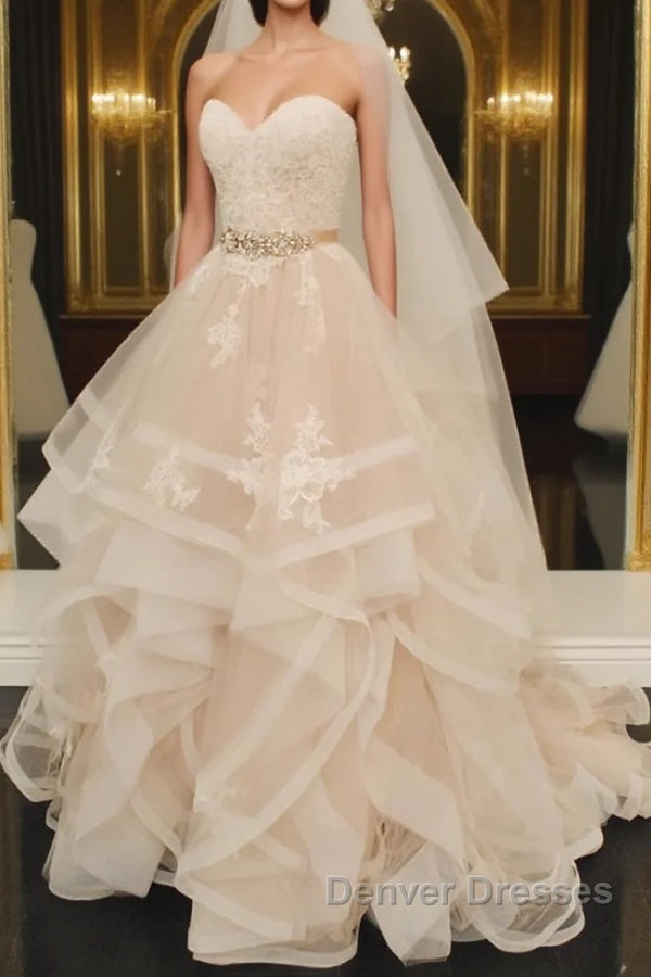 Light champagne tulle lace long prom Dress, tulle lace evening Dress Main image