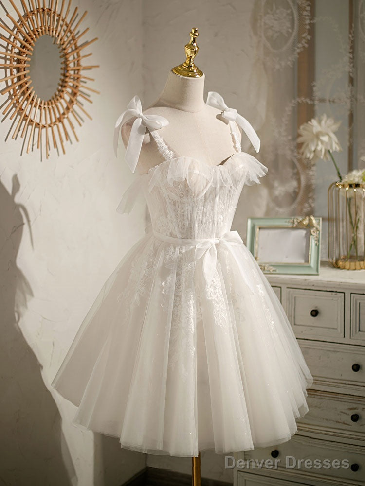 Light Champagne Tulle Lace Short Prom Dress, Cute Puffy Homecoming Dresses Main image