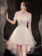 Light Champagne Tulle Short Sleeves High Low Homecoming Dress, Short Party Dress Prom Dress