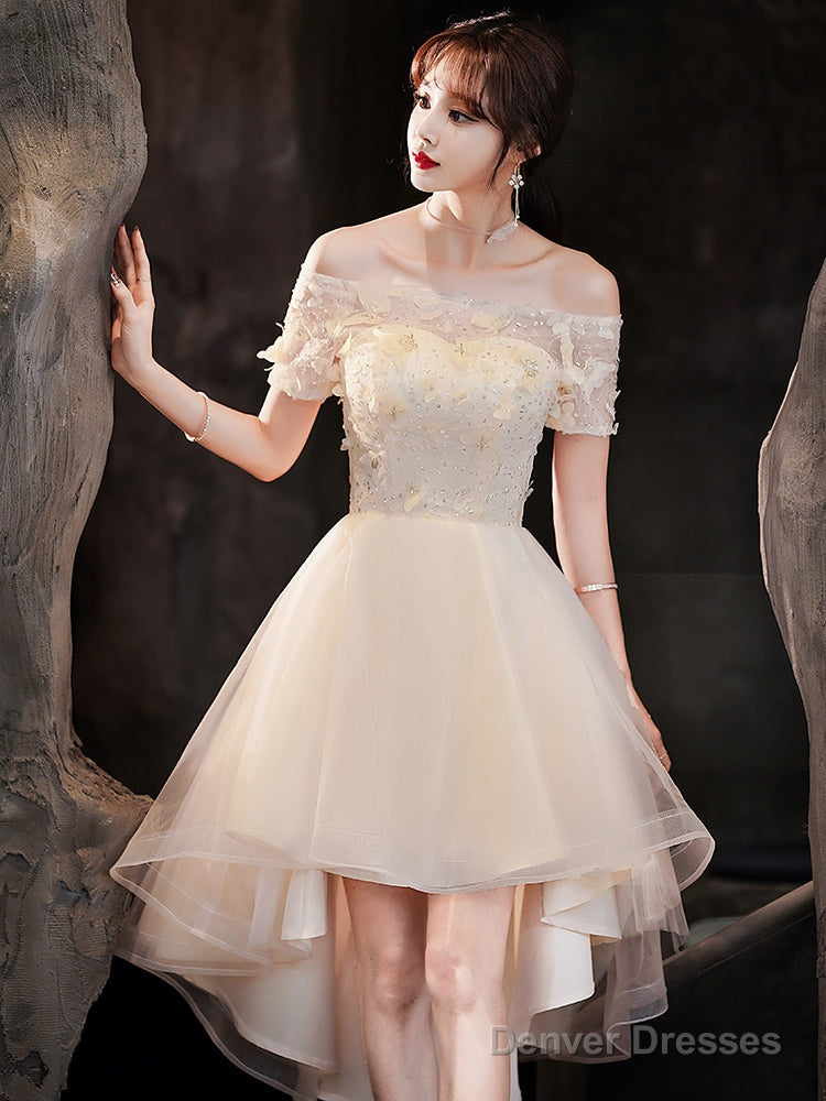 Light Champagne Tulle Short Sleeves High Low Homecoming Dress, Short Party Dress Prom Dress