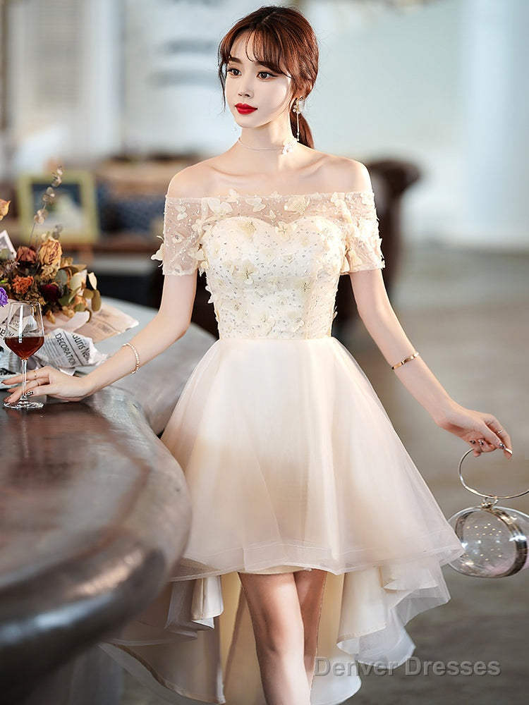 Light Champagne Tulle Short Sleeves High Low Homecoming Dress, Short Party Dress Prom Dress