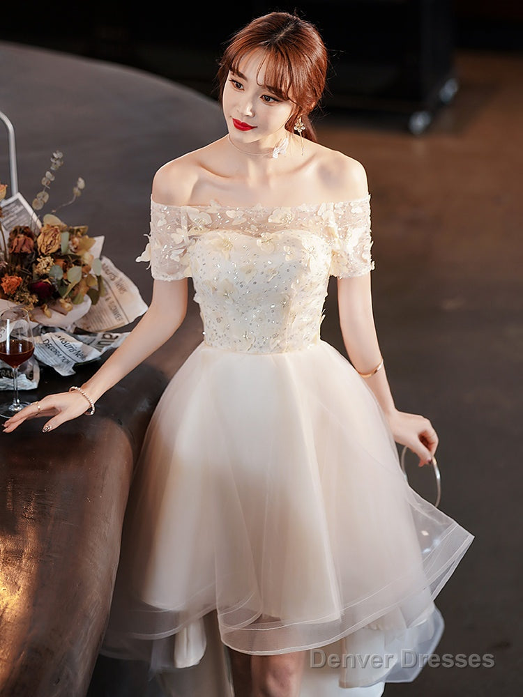 Light Champagne Tulle Short Sleeves High Low Homecoming Dress, Short P