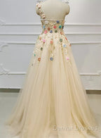 Light Champagne Tulle With Flowers Long Evening Dress, A-Line Tulle Formal Dress