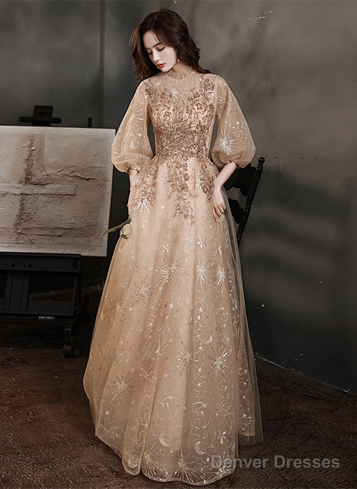 Light Champagne Tulle With Lace Long Party Dress, A-Line Tulle Puffy Sleeves Prom Dress Secondary image