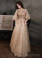 Light Champagne Tulle With Lace Long Party Dress, A-Line Tulle Puffy Sleeves Prom Dress