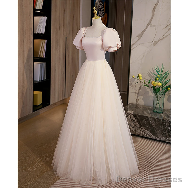 Light Champagne Tulle with Light Pink Satin Prom Dress, A-line Long Formal Dress Main image