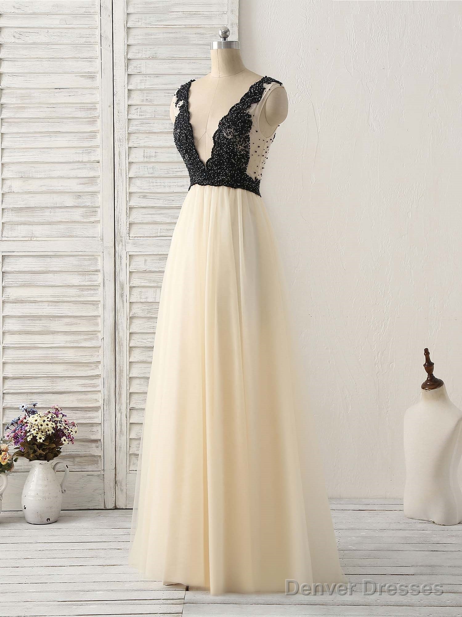 Light Champagne V Neck Beads Tulle Long Prom Dress, Champagne Formal Dress Secondary image