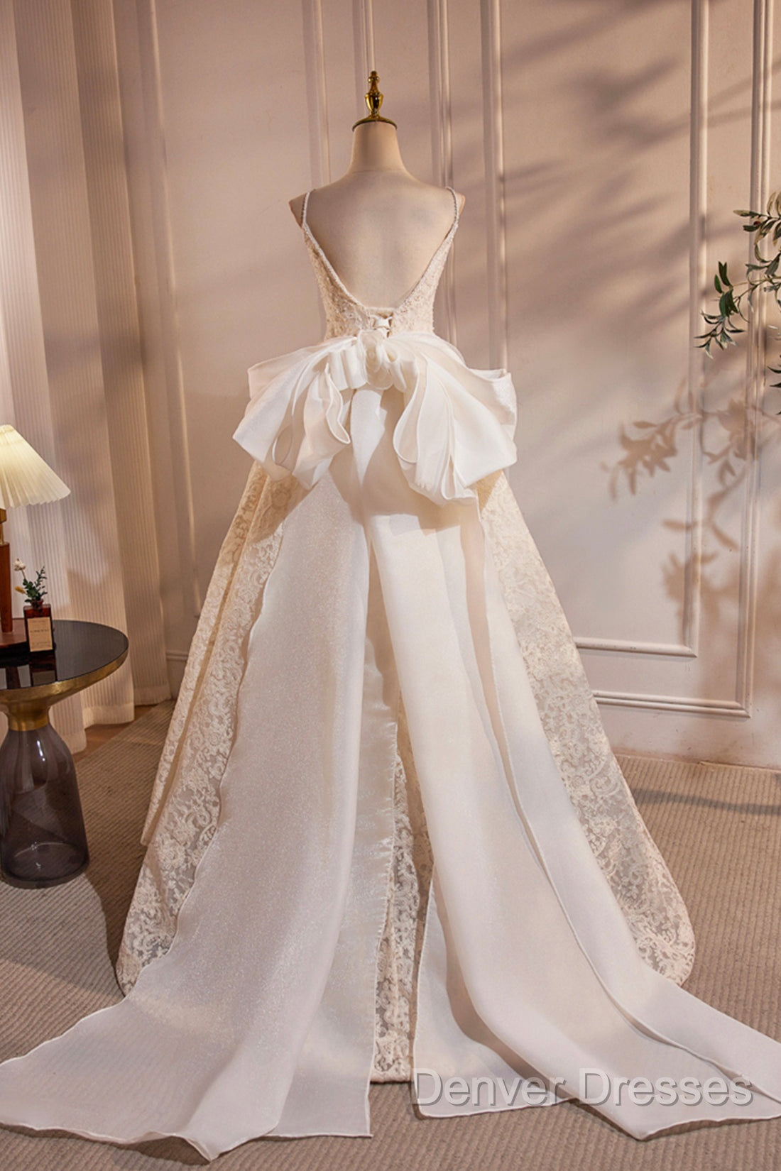 Light Champagne V-Neck Lace Long Prom Dress, A-Line Spaghetti Straps Backless Party Dress With Bow Secondary image