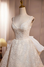 Light Champagne V-Neck Lace Long Prom Dress, A-Line Spaghetti Straps Backless Party Dress With Bow