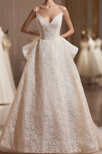 Light Champagne V-Neck Lace Long Prom Dress, A-Line Spaghetti Straps Backless Party Dress With Bow