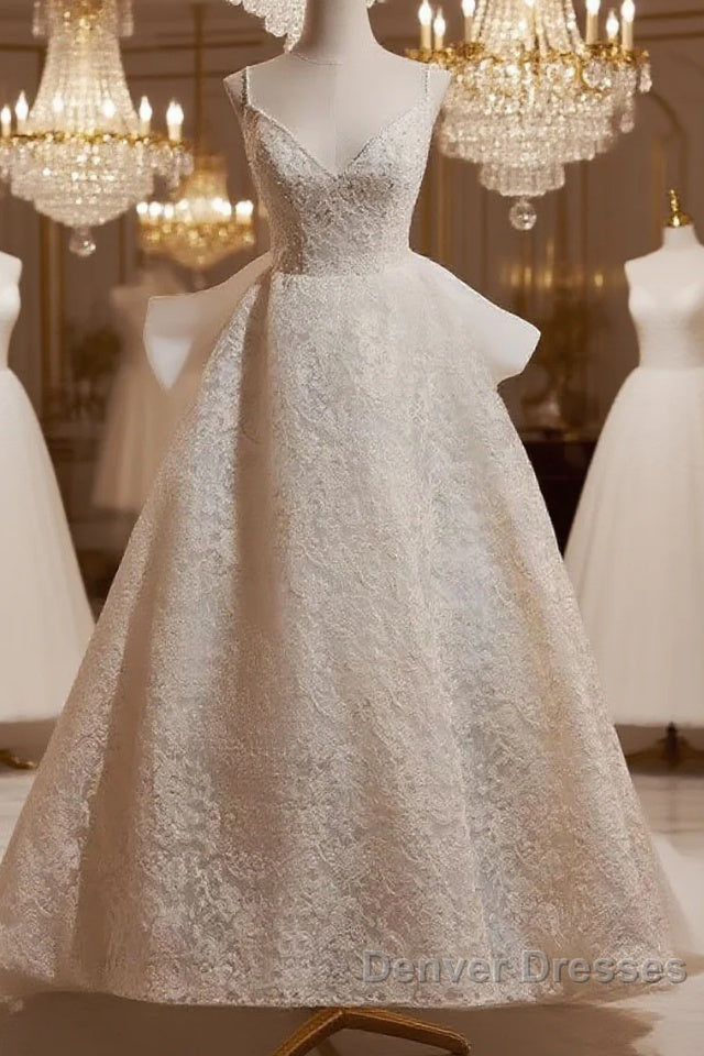 Light Champagne V-Neck Lace Long Prom Dress Weeding Dress Main image