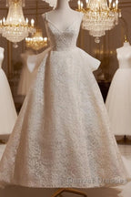 Light Champagne V-Neck Lace Long Prom Dress Weeding Dress