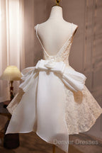 Light Champagne V-Neck Lace Short Prom Dress, A-Line Spaghetti Straps Backless Party Dress With Bow