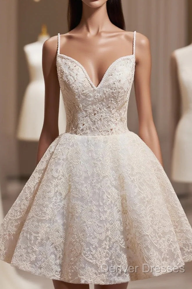 Light Champagne V-Neck Lace Short Prom Dress, A-Line Spaghetti Straps Backless Party Dress With Bow Main image