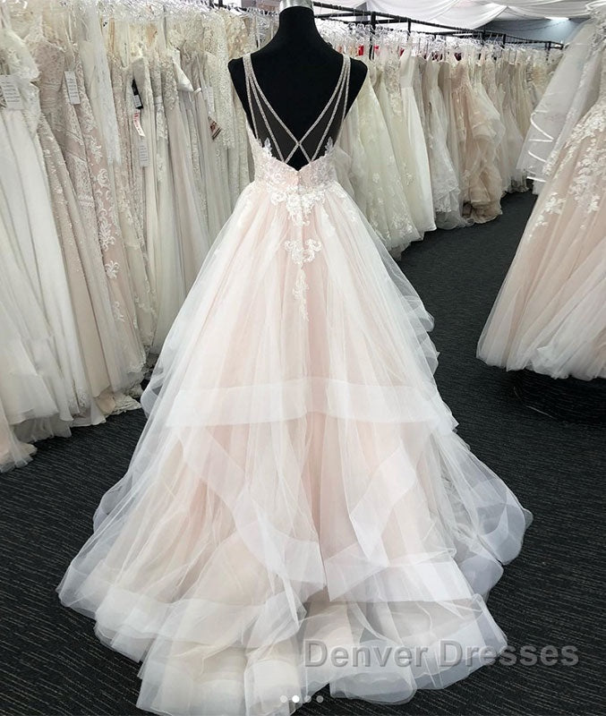 Light champagne v neck tulle lace long prom Dress, wedding Dress Secondary image