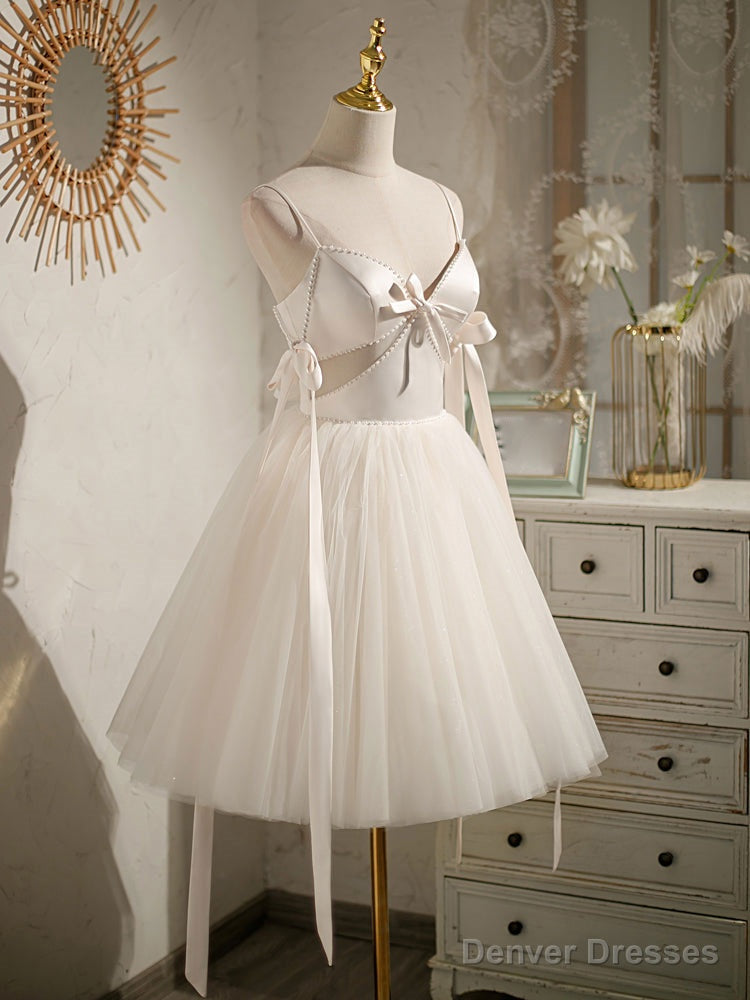 Light Champagne V neck Tulle Short Prom Dress, Tulle Puffy Homecoming Dress