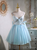 Light Champagne V neck Tulle Short Prom Dress, Tulle Puffy Homecoming Dress
