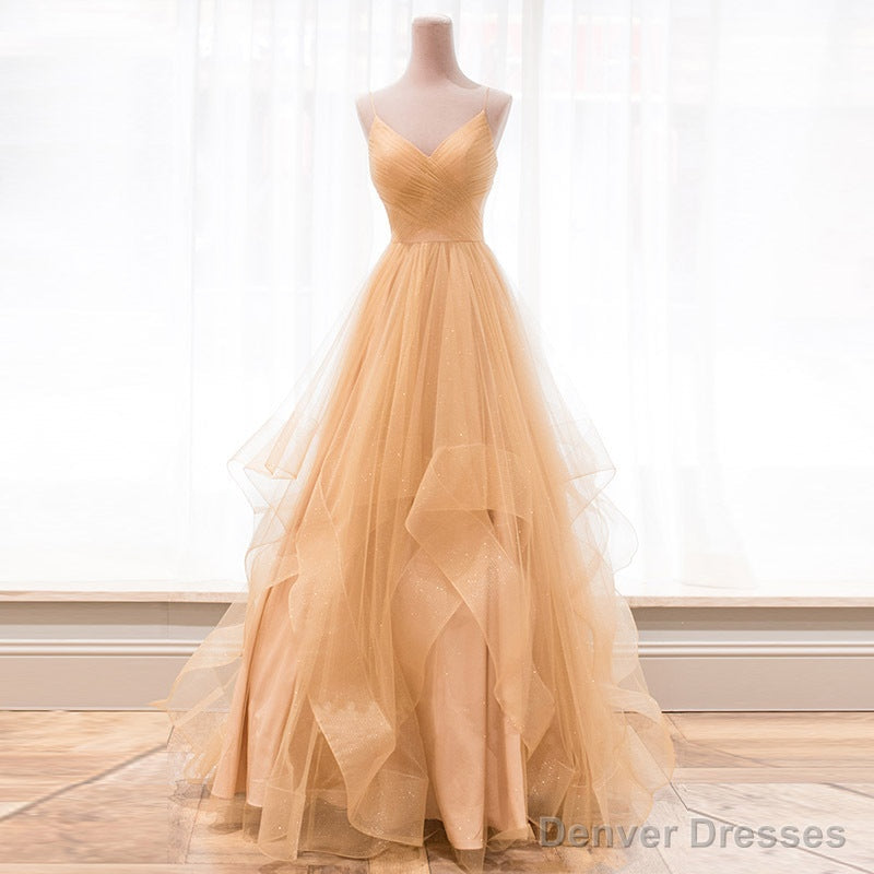 Light Champagne V-neckline Layers Straps Shiny Tulle Party Dress, Champagne Evening Gown Formal Dress