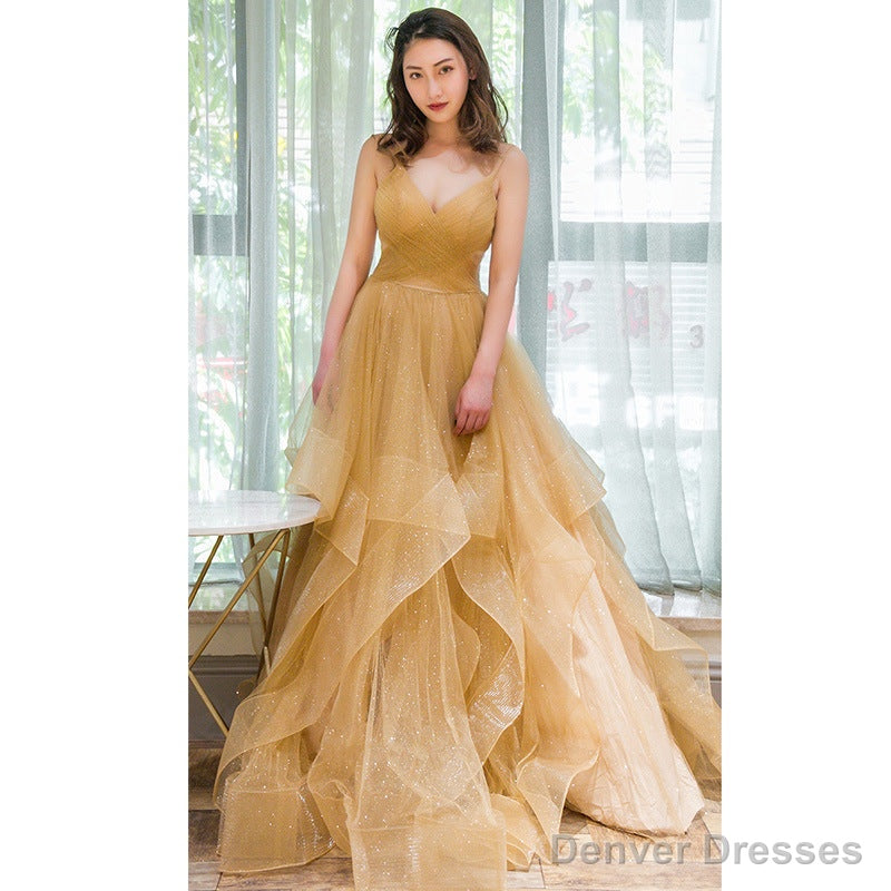 Light Champagne V-neckline Layers Straps Shiny Tulle Party Dress, Champagne Evening Gown Formal Dress Main image