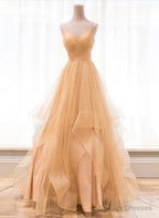 Light Champagne V-neckline Layers Straps Shiny Tulle Party Dress, Champagne Evening Gown Formal Dress