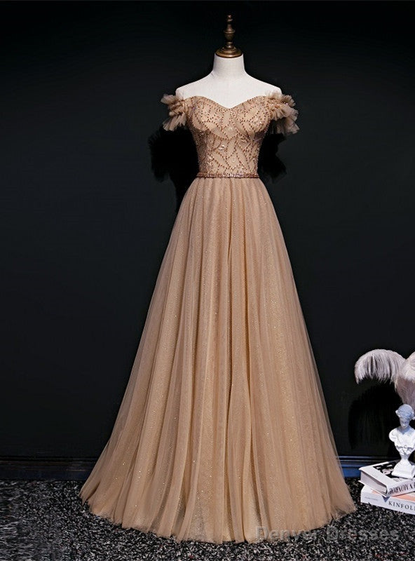 Light Coffee Tulle Sequins Off the Shoulder Beading Prom Dress Main image