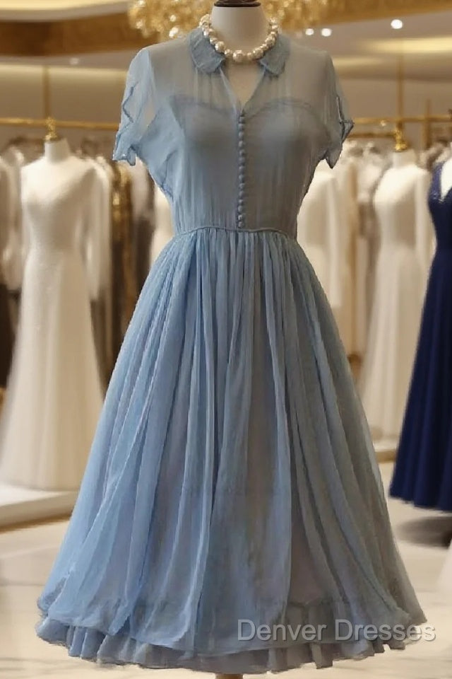 Light Dress, Chiffon Elegant A Line Doll Collar Short Sleeves Homecoming Blue Chiffon Vintage Style Dress