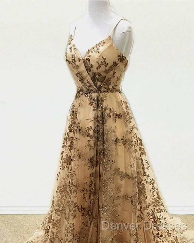 Light Gold Sequin Pattern Prom Dress V Neck Split