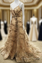 Light Gold Sequin Pattern Prom Dress V Neck Split