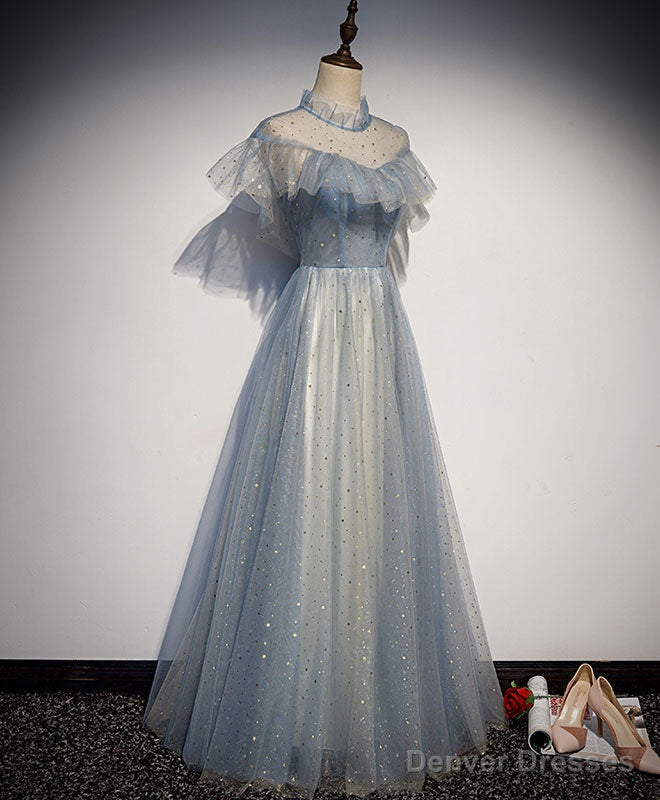Light Gray Blue Tulle Lace Long Prom Dress, Gray Blue Tulle Evening Dress Main image