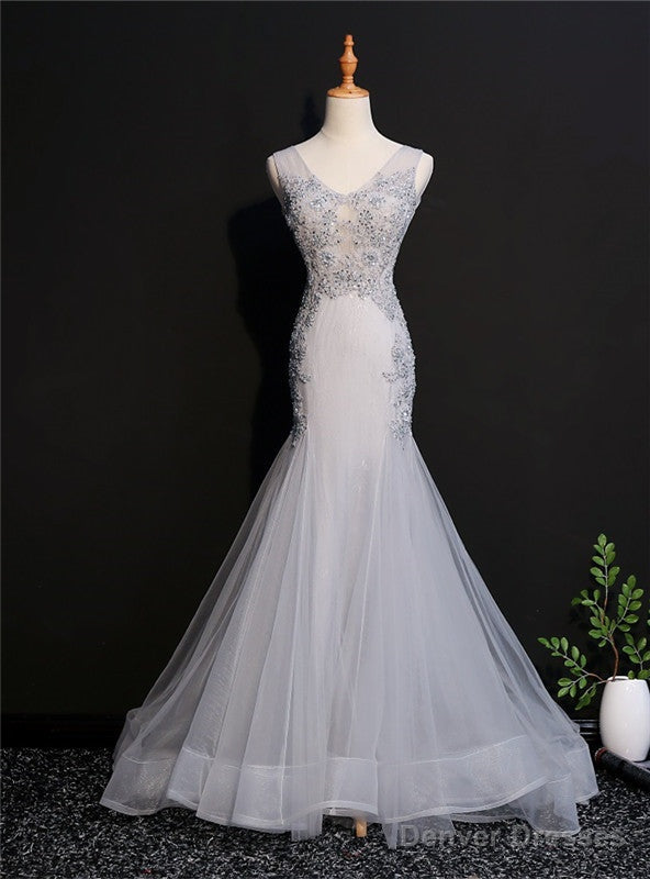 Light Gray Mermaid Tulle V-neck Appliques Beading Prom Dress Main image