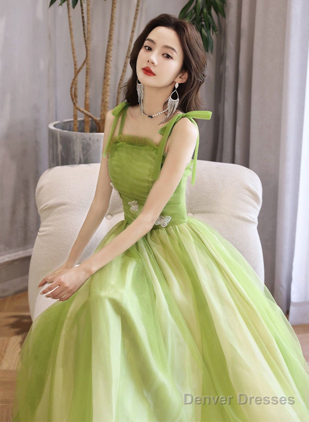 Light Green A-Line Straps Tulle Long Party Dress, Light Green Tulle Prom Dress Secondary image