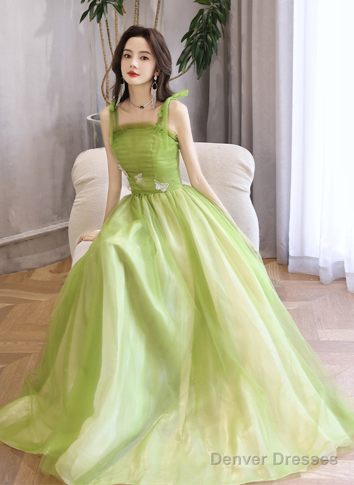 Light Green A-Line Straps Tulle Long Party Dress, Light Green Tulle Prom Dress Main image