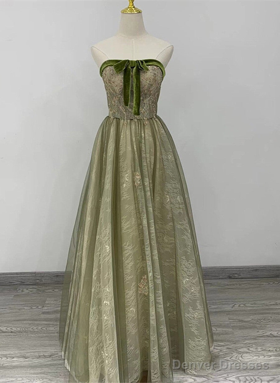 Light Green A-line Sweetheart Long Formal Dress, Green Lace Prom Dress Main image