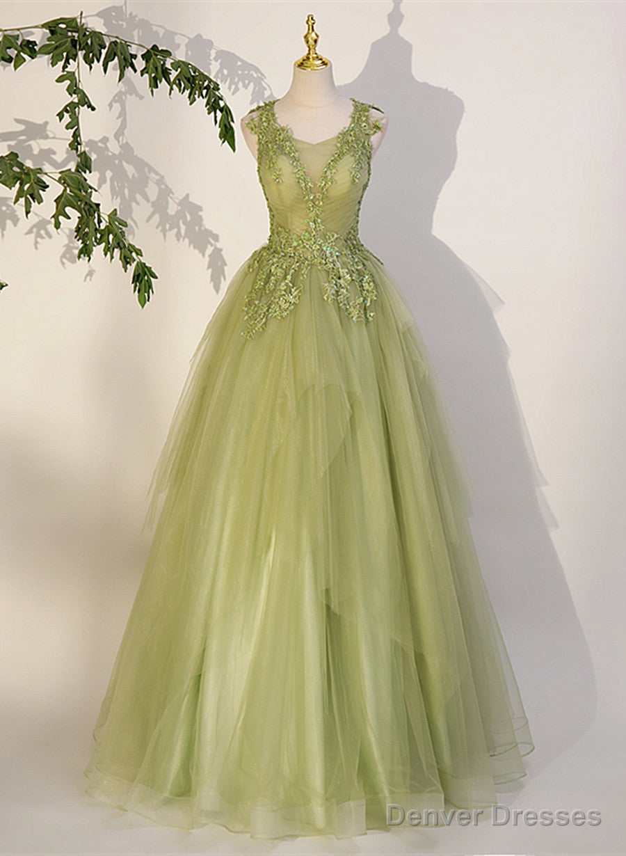 Light Green A-line Tulle with Lace Applique Prom Dress, Green Formal Dress