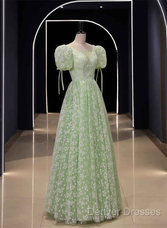 Light Green Floral V-Neckline Short Sleeves Party Dress, A-Line Green Formal Dress Secondary image