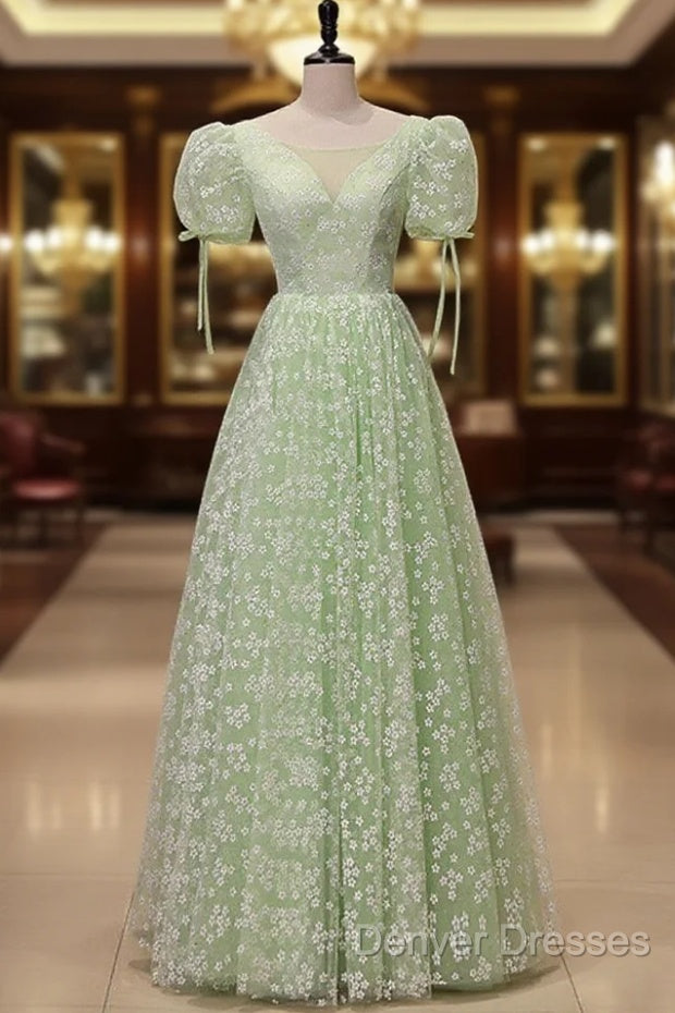 Light Green Floral V-Neckline Short Sleeves Party Dress, A-Line Green Formal Dress Main image