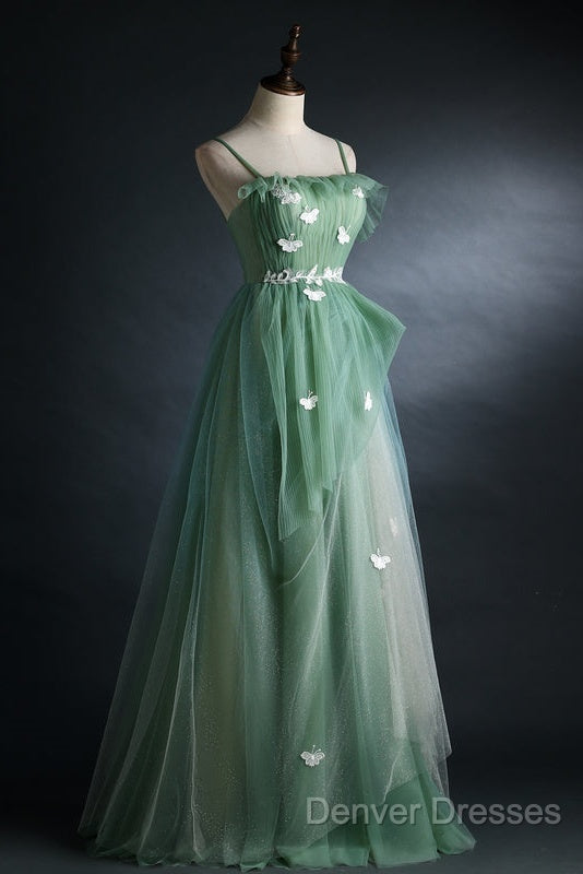 Light Green Gradient Straps Long A-Line Prom Dress, Beautiful Evening Dress Party Dress
