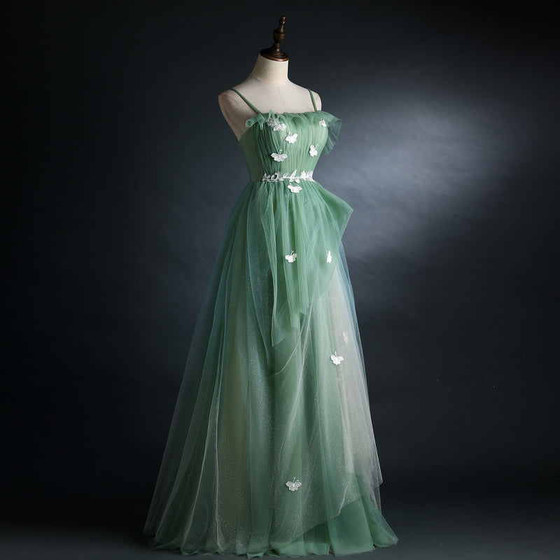Light Green Gradient Straps Long A-Line Prom Dress, Beautiful Evening Dress Party Dress