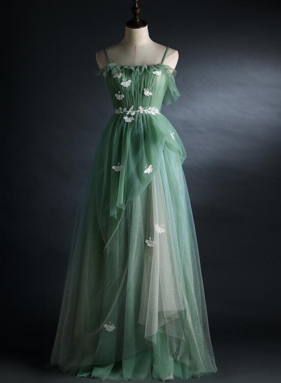 Light Green Gradient Straps Long A-Line Prom Dress, Beautiful Evening Dress Party Dress Main image