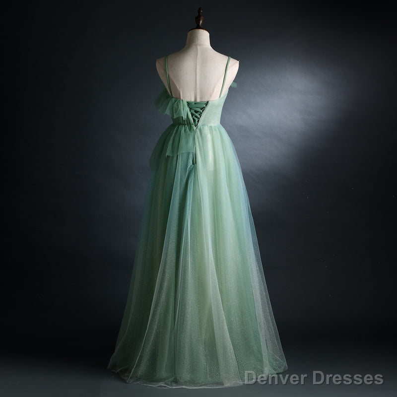 Light Green Gradient Straps Long A-line Prom Dress, Evening Dress Party Dresses