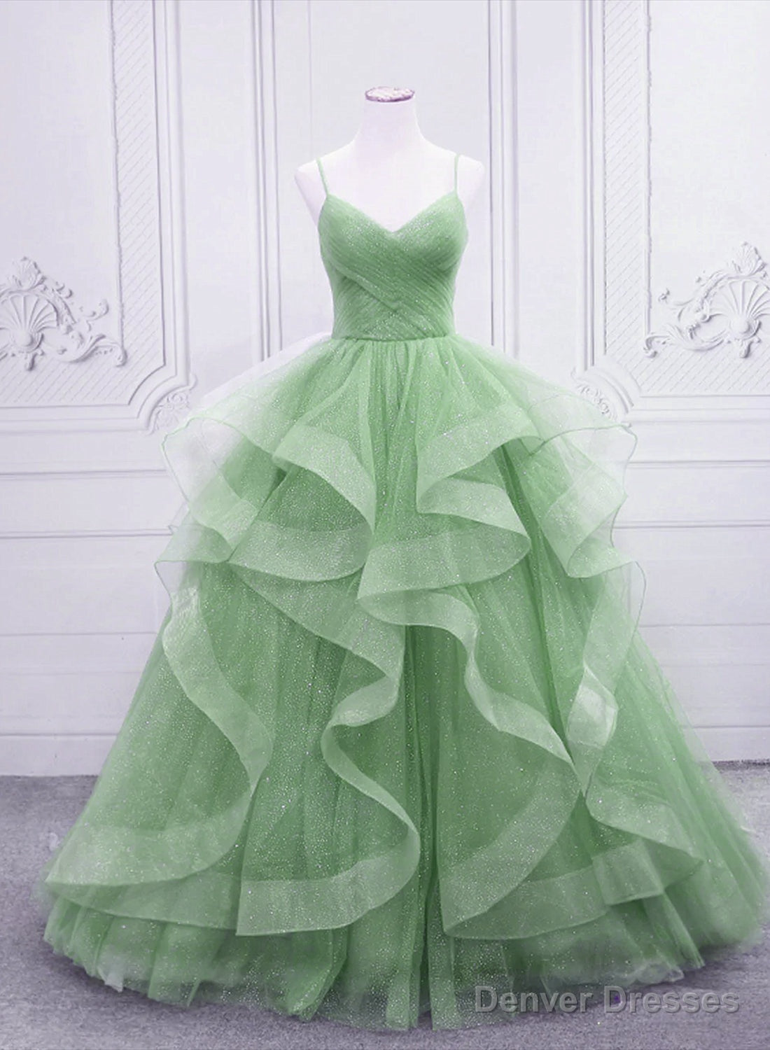 Light Green Layers Tulle Straps Long Formal Dress, Light Green Sweet 16 Gown Main image