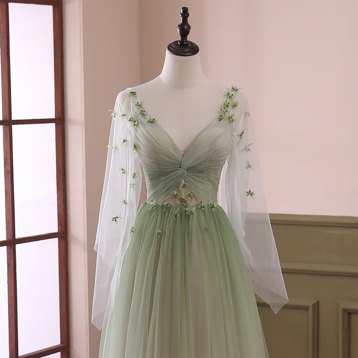 Light Green Long Sleeves Gradient Tulle Party Dress, Green Floor Length Prom Dress Secondary image