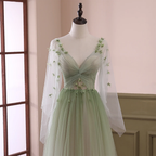 Light Green Long Sleeves Gradient Tulle Party Dress, Green Floor Length Prom Dress